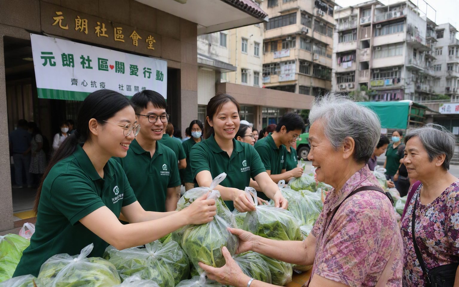 萬利龍義工於元朗社區會堂外向長者派發新鮮蔬菜