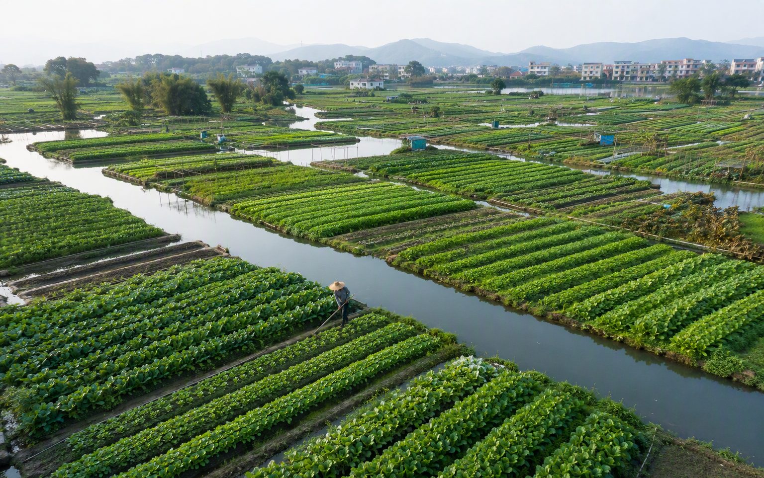 廣東珠三角水鄉菜田，水道分隔的整齊菜畦