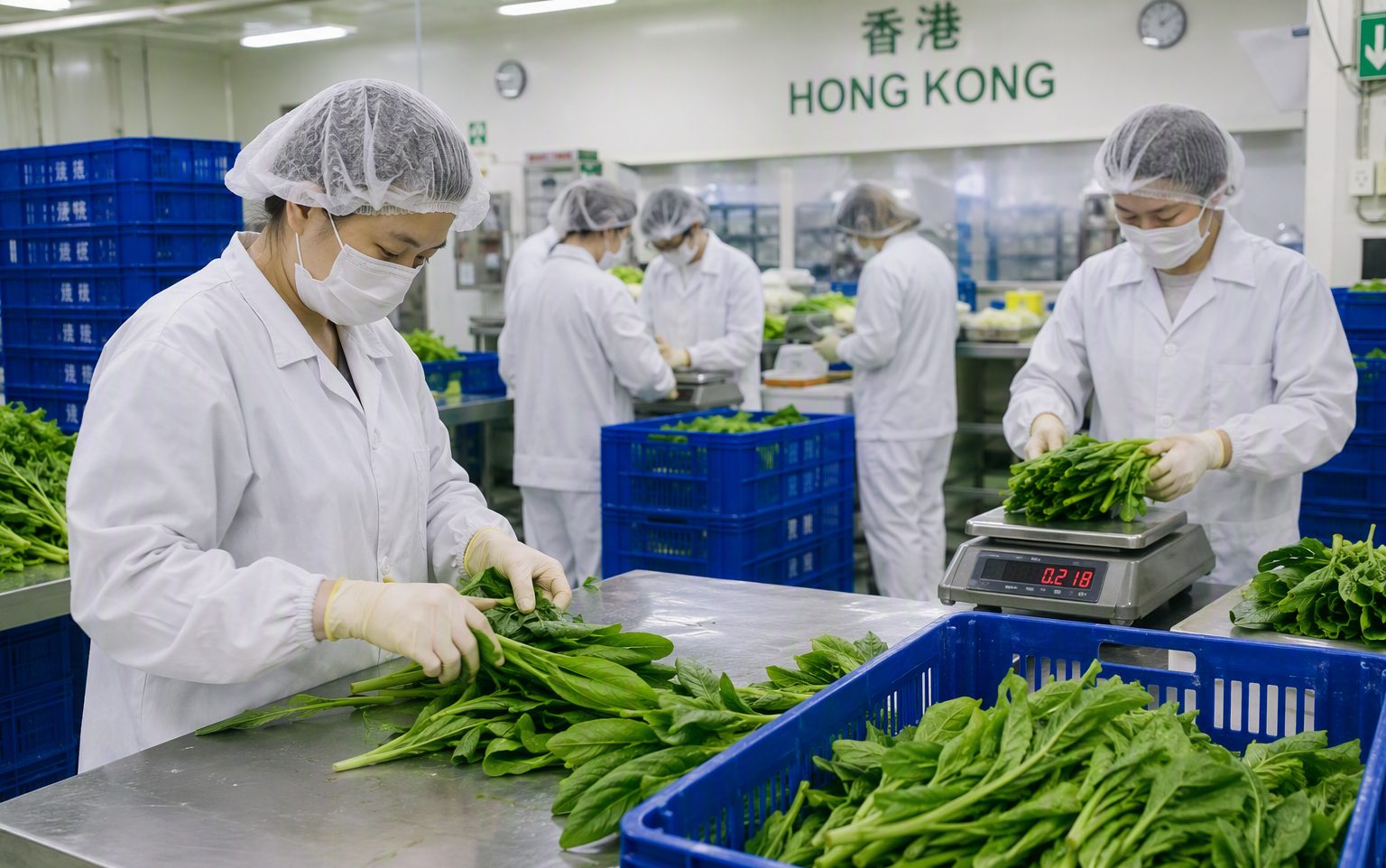 香港品控車間內，員工分揀及稱重新鮮蔬菜